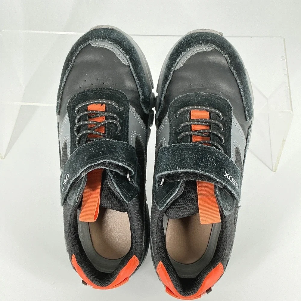 Geox Boys Size US 1 EUR 32 Respira Kids Sneakers Gray Orange Leather Suede Strap